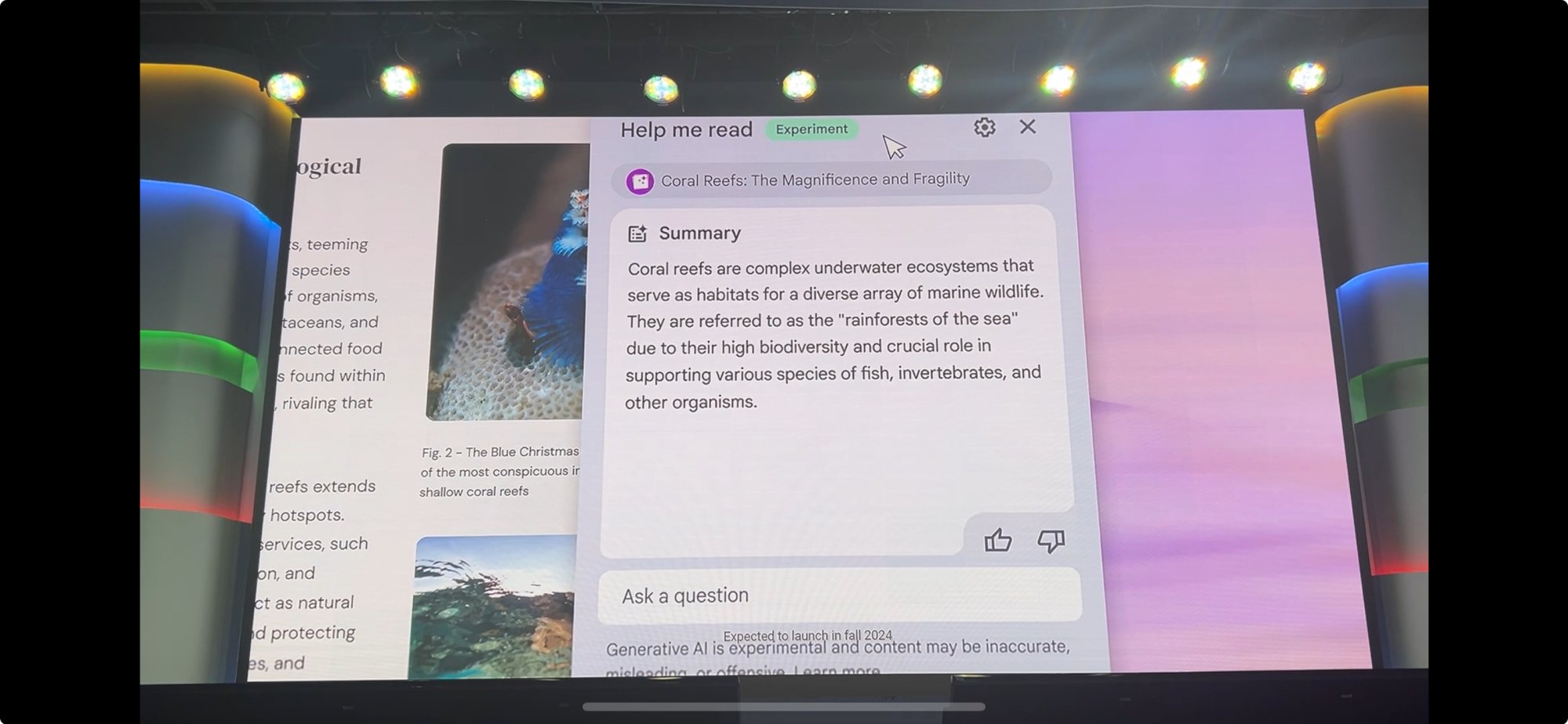 Google Chromebook Plus event showcasing summary feature