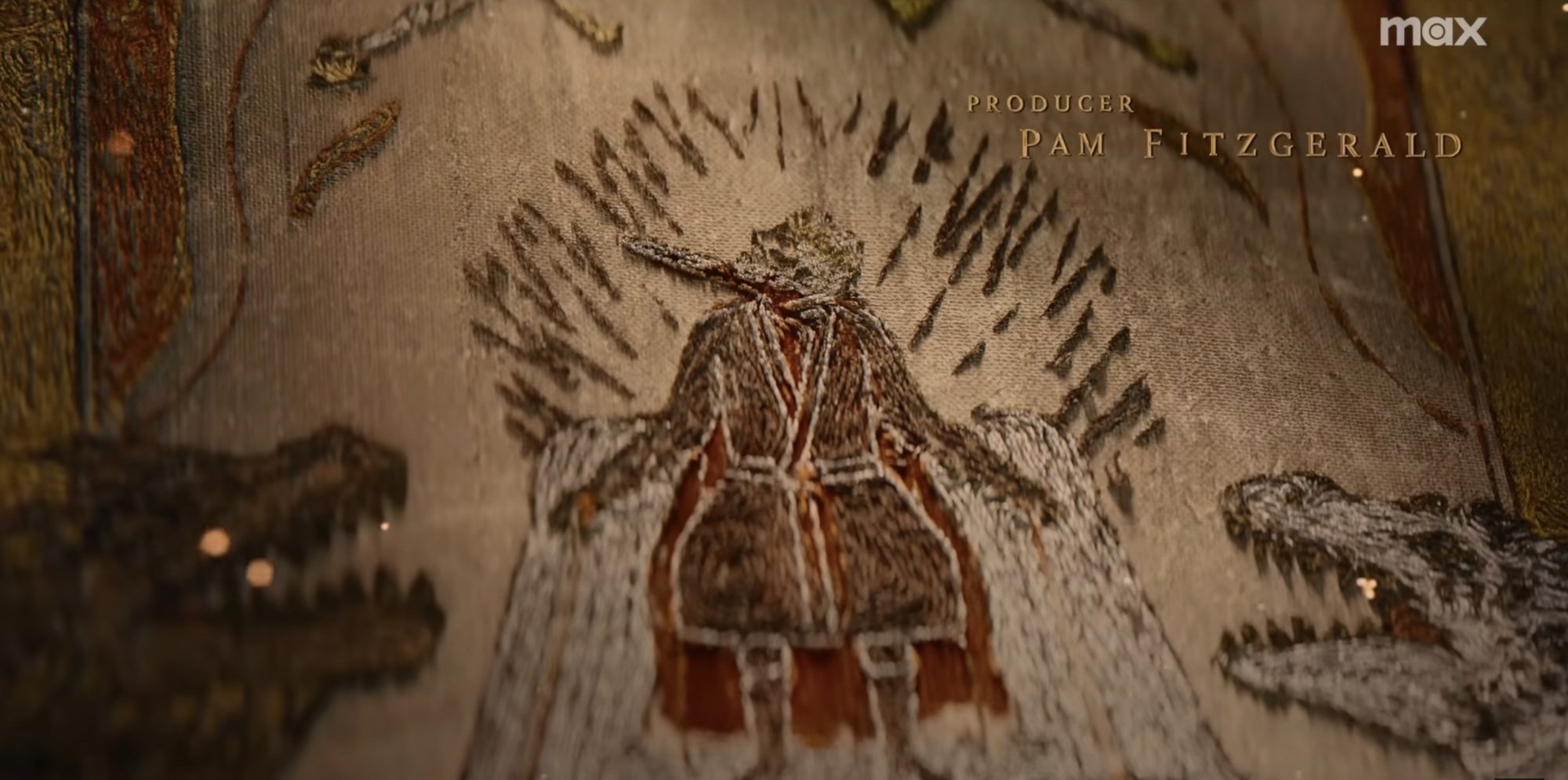 A tapestry of a man sitting on the Iron Throne with a sword through his neck.