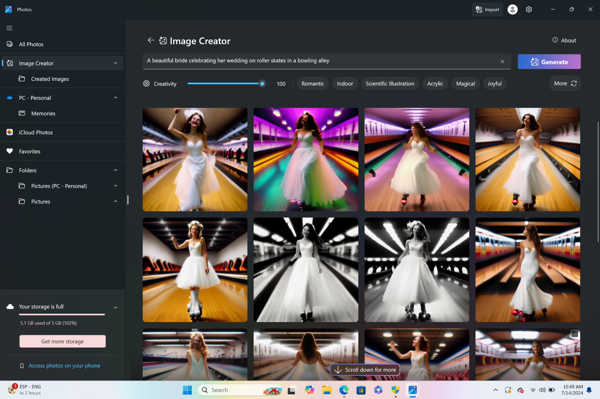 Image Creator prompt with AI-created roller skating bride