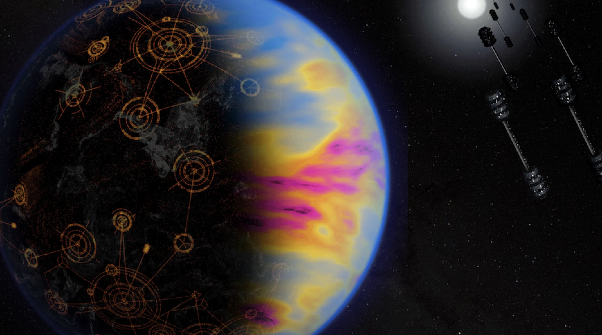 An artist's conception of an exoplanet harboring a technologically advanced civilization.