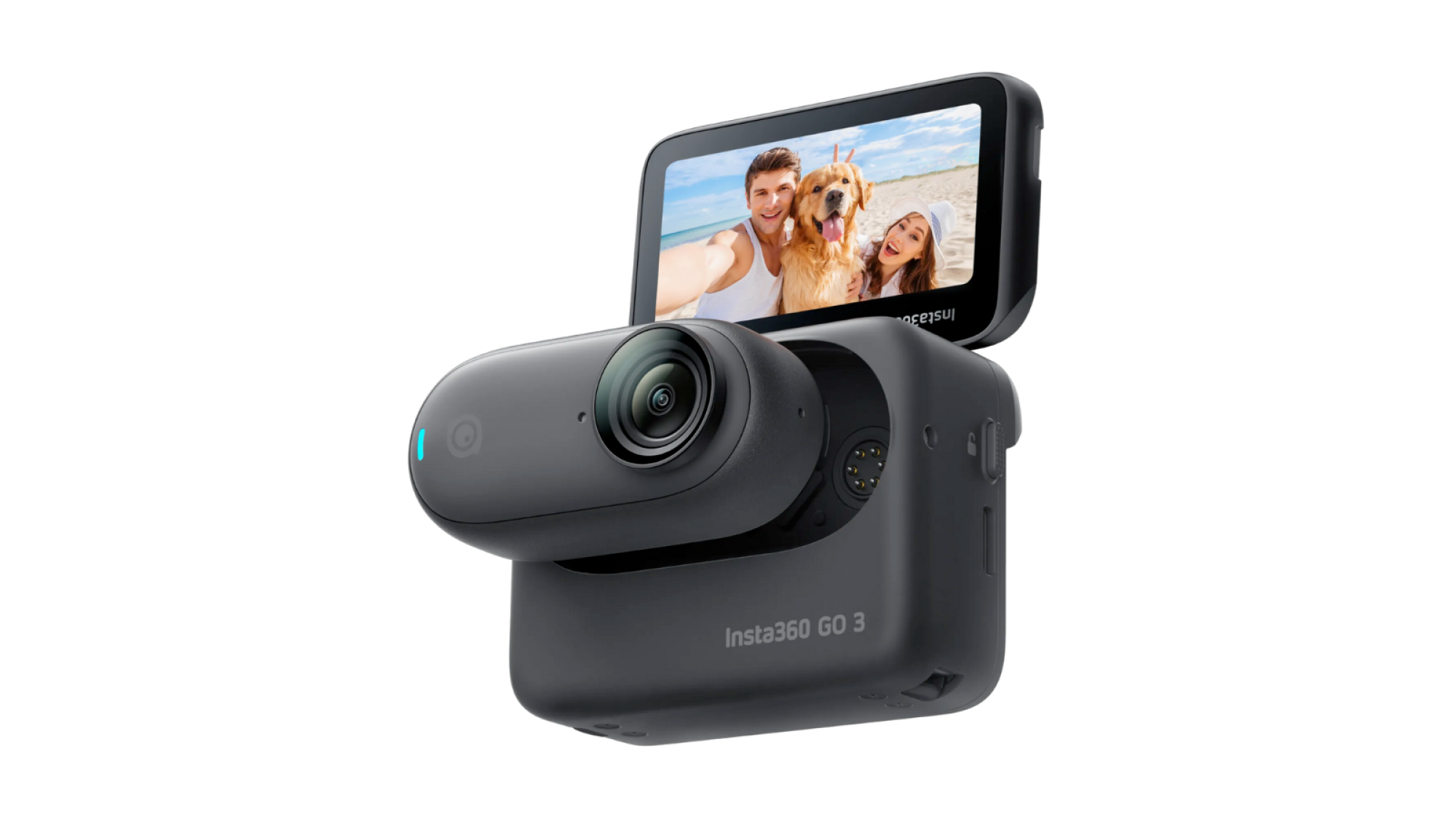 The Insta360 GO 3S action camera. It is a black, elongated, thumb-sized oval with a small lens. The device is inside the Action Pod, a white box with a screen that flips up.