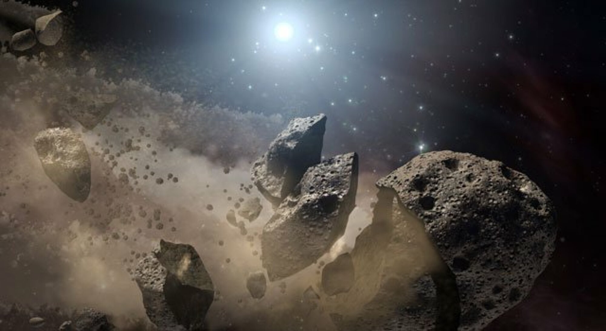 A depiction of an asteroid collision that likely lead to a mountain-sized rock heading towards Earth.