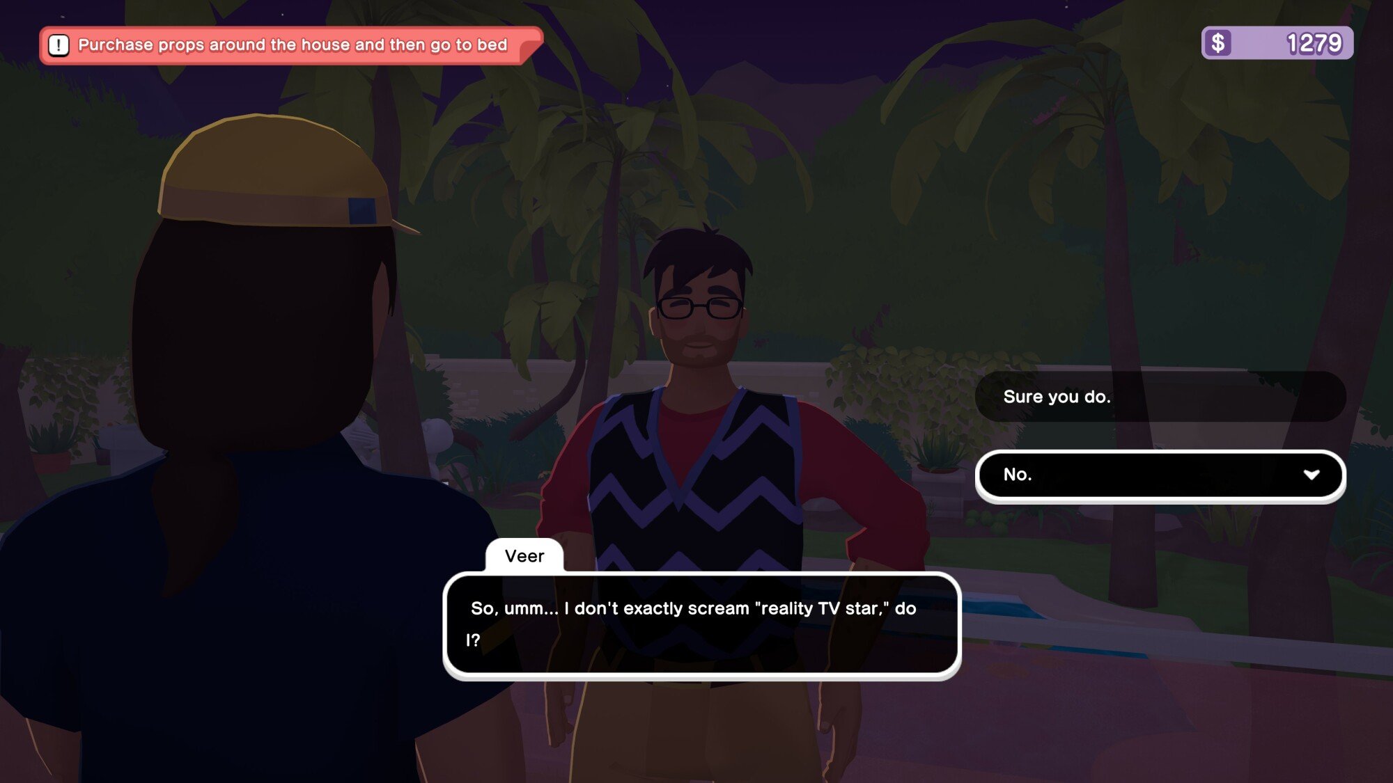 A screenshot from 'The Crush House' of the player talking to Veer.