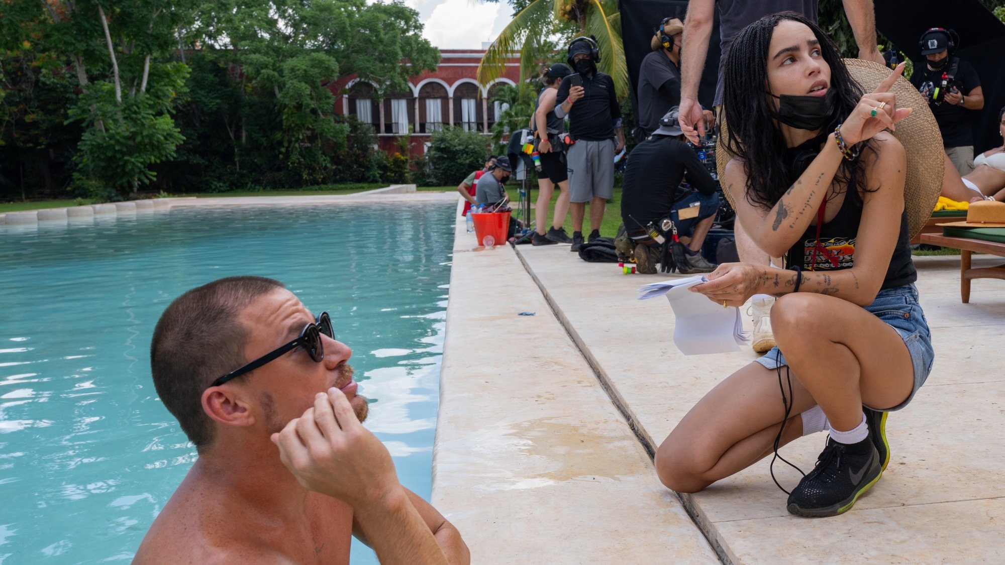 Channing Tatum and Zoë Kravitz on the set of "Blink Twice."