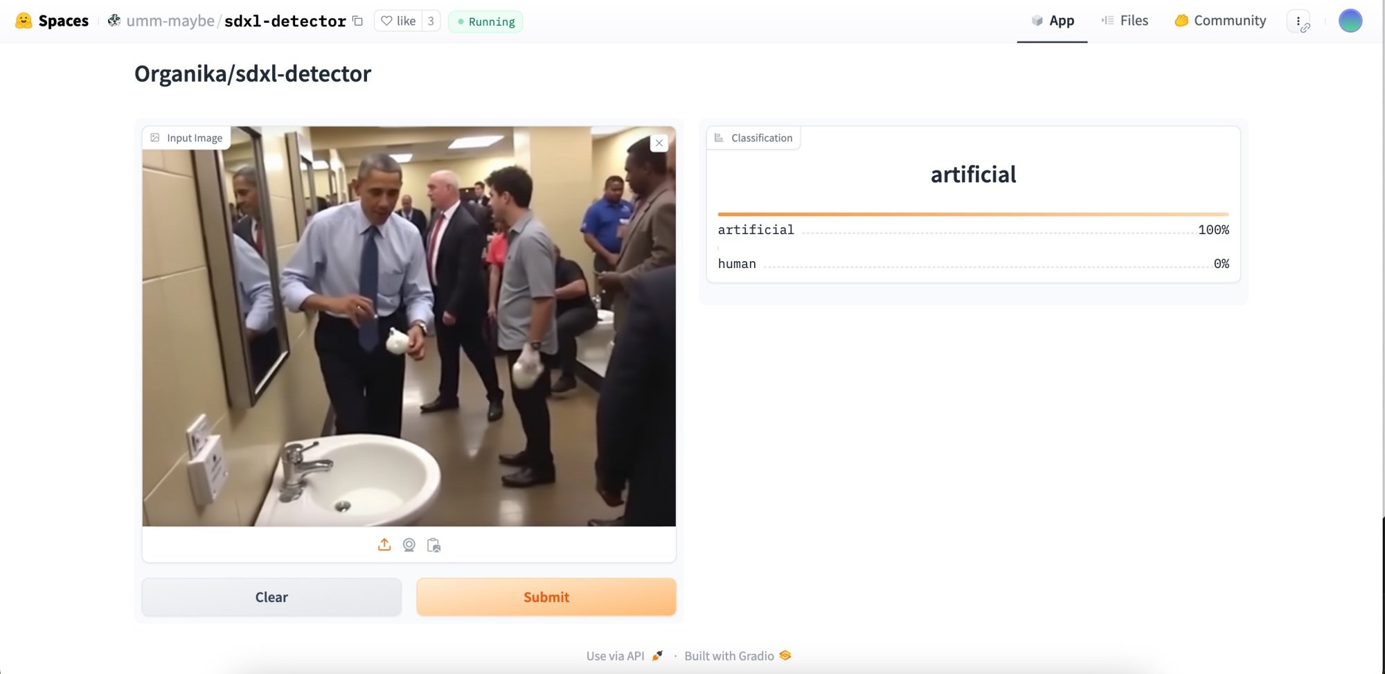 sdxl detector correctly identifying an image of barack obama at a sink as ai-generated