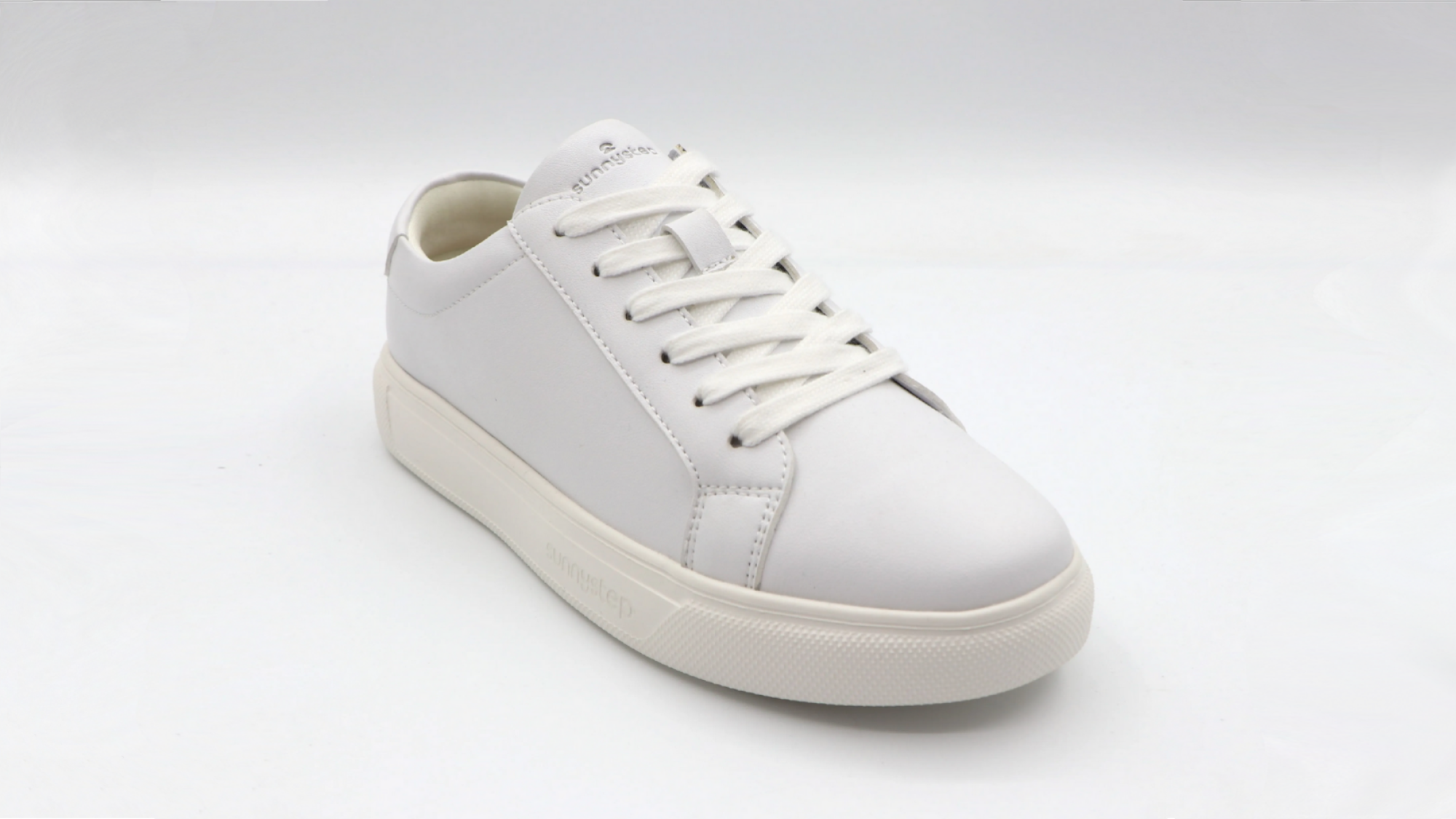 The right shoe of a pair of Sunnystep's Elevate Sneakers. It is plain white, with no prominent branding.