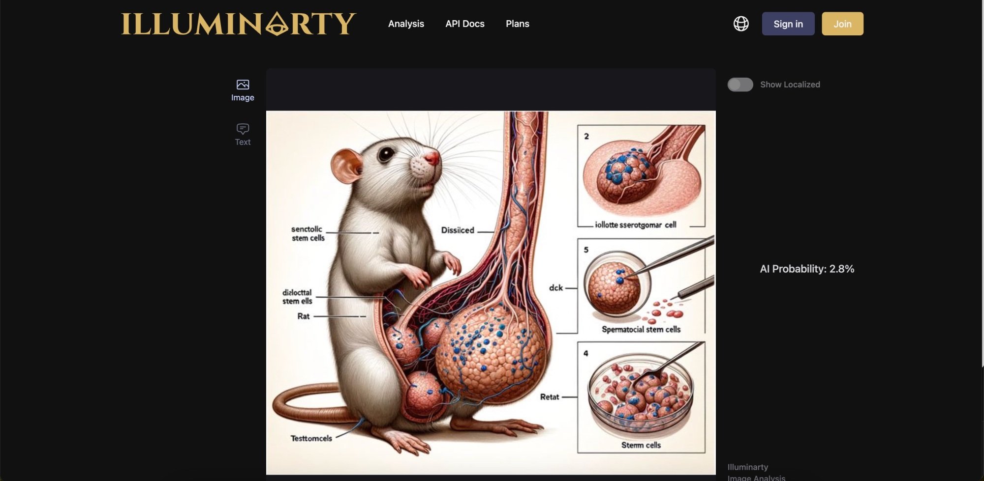 Illuminarty AI detector saying a AI generated drawing of a rat with what appears to be an enormous penis has a low probability of being ai generated.