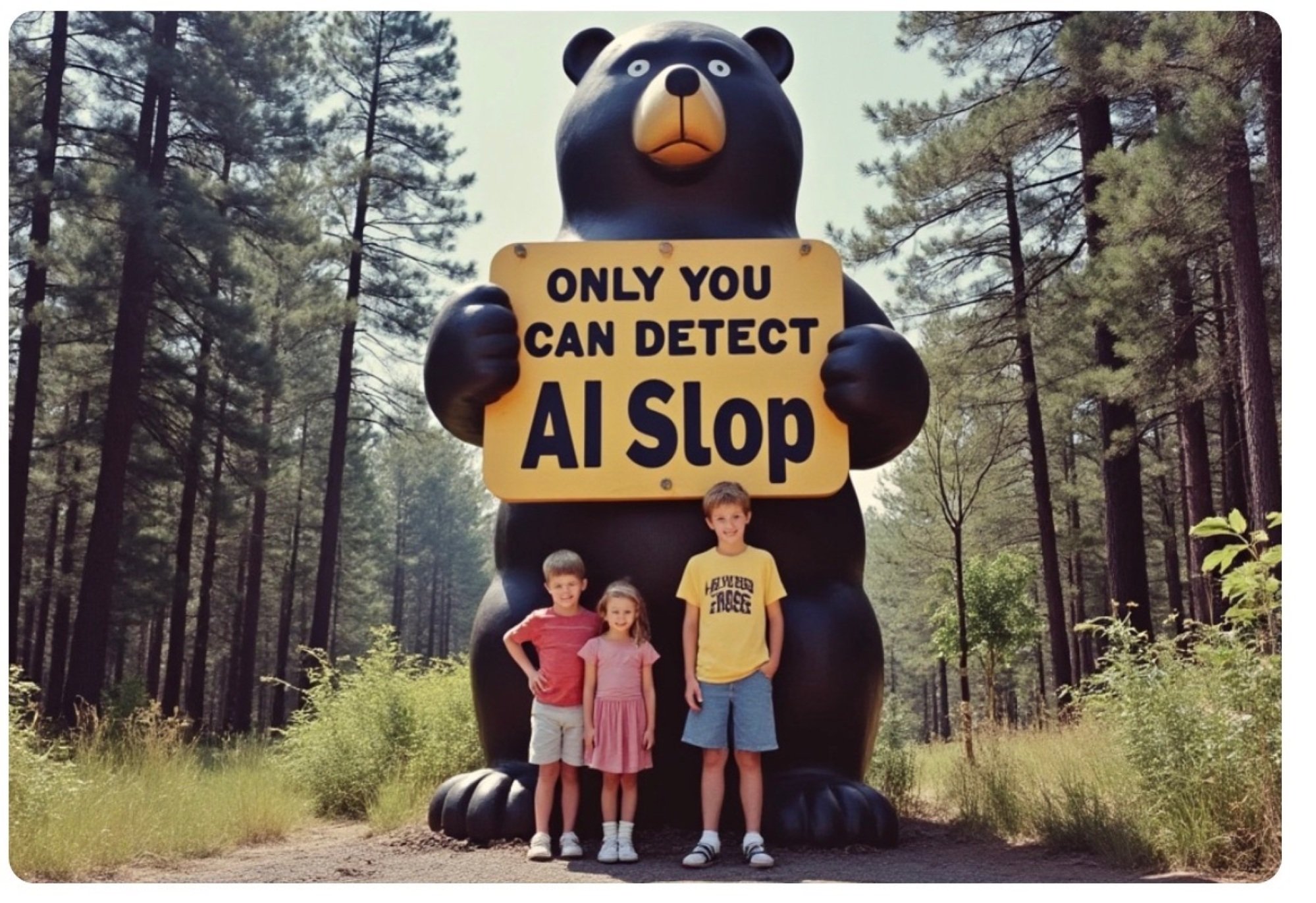 grok-2 ai generated image of a Smokey the bear behind three kids holding a sign that says 'only you can detect ai slop'