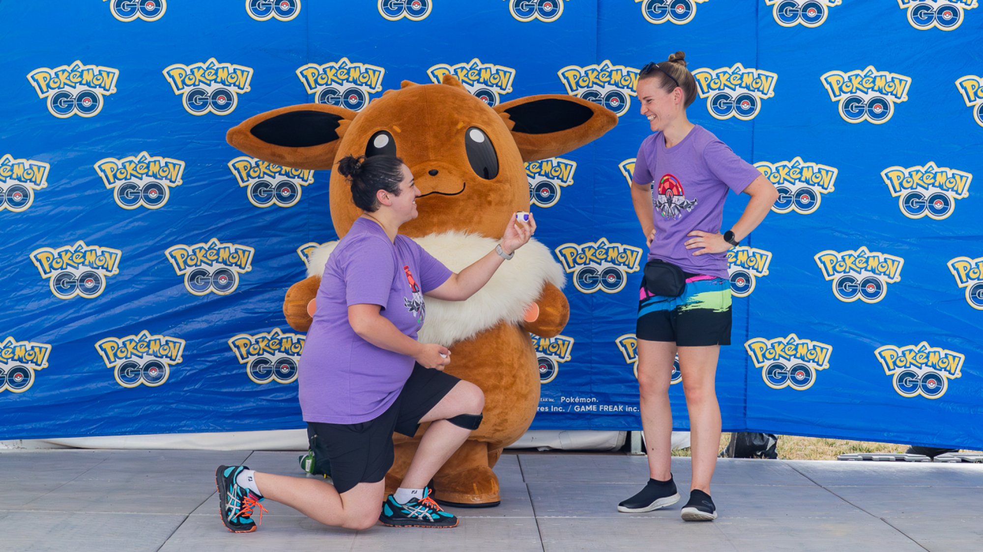 Alex, 32, proposed to Courtney, 31, in front of an Eeevee mascot.