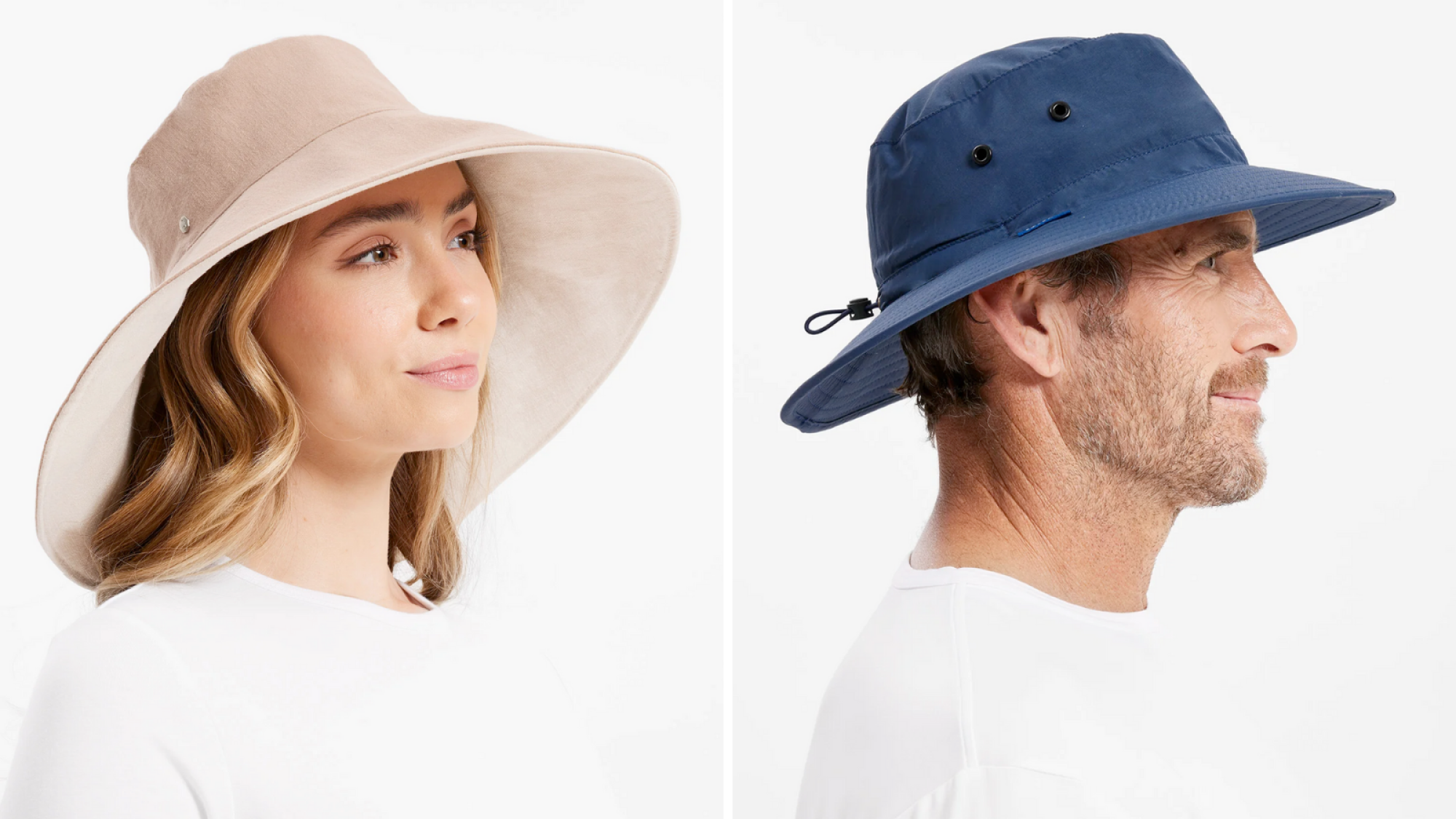 A composite of two people wearing the Solbari Ultra Wide Cotton Linen Hat UPF50+ and Traveller Broad Brim Sun Hat UPF50+.