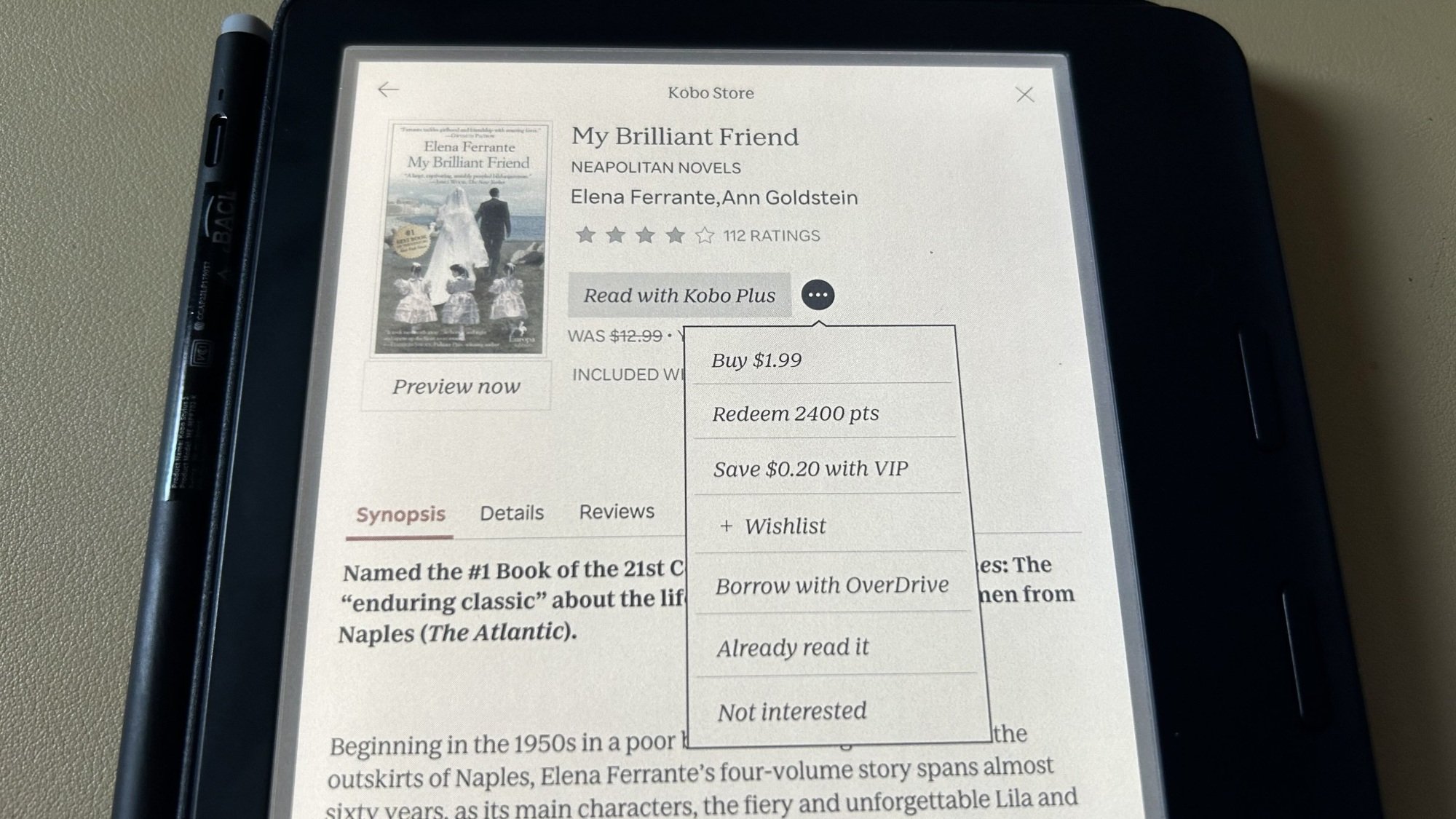 selection screen for book in kobo store