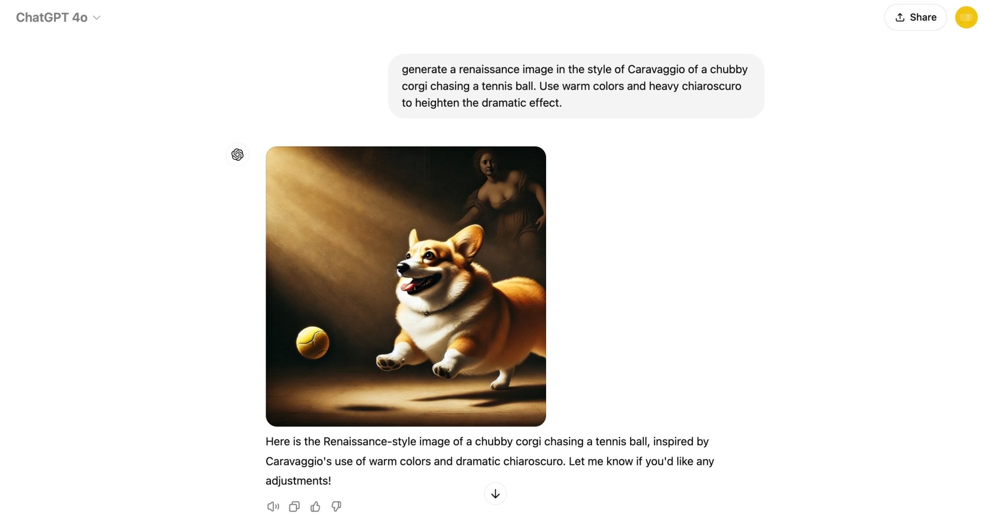 DALL-E 3 generated image of a corgi chasing a tennis ball in renaissance style based on the user's prompt