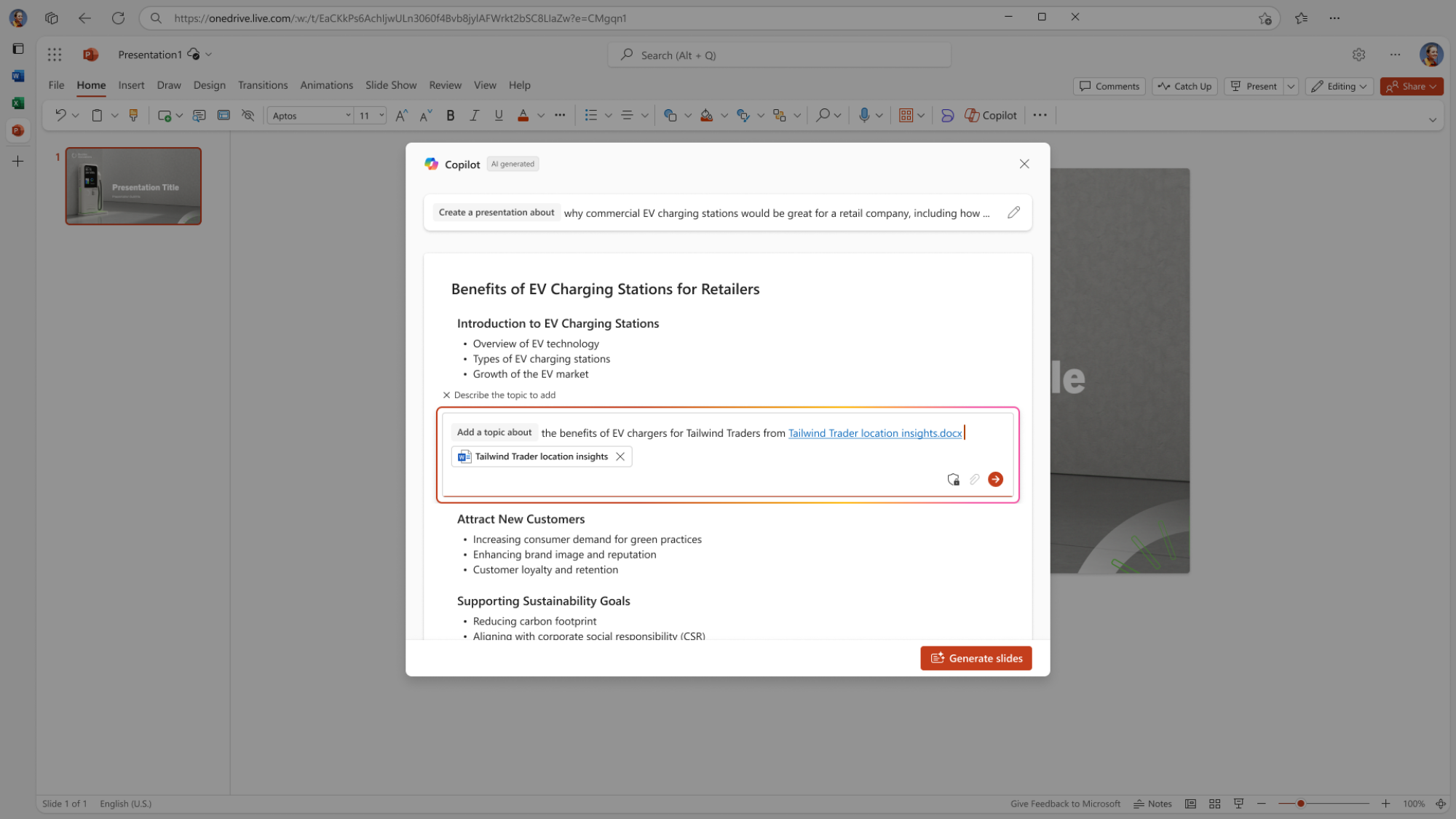 Copilot in PowerPoint creating a presentation from an outline