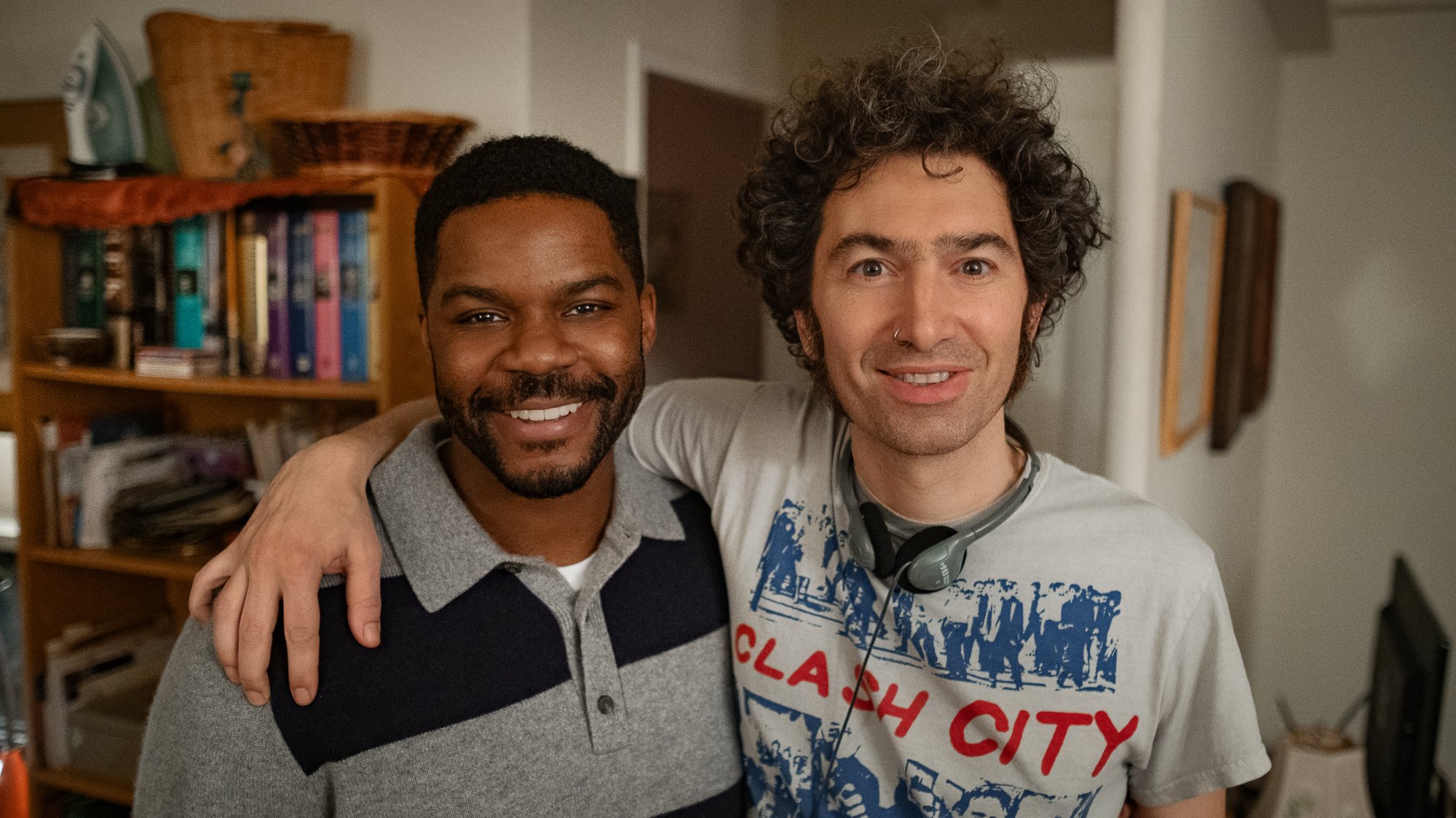 Jovan Adepo as Benji and Director Azazel Jacobs on the set of "His Three Daughters."