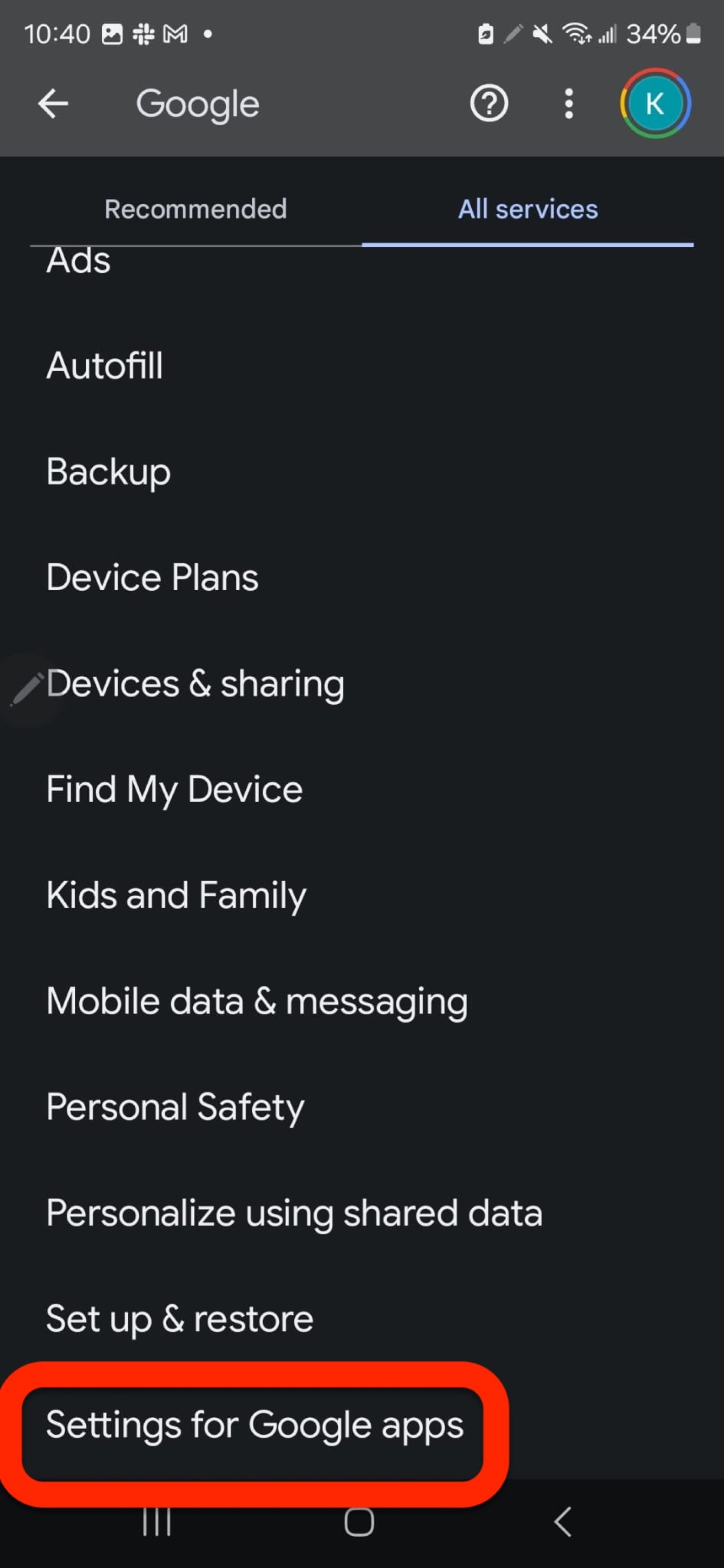 Settings for Google apps selected in red