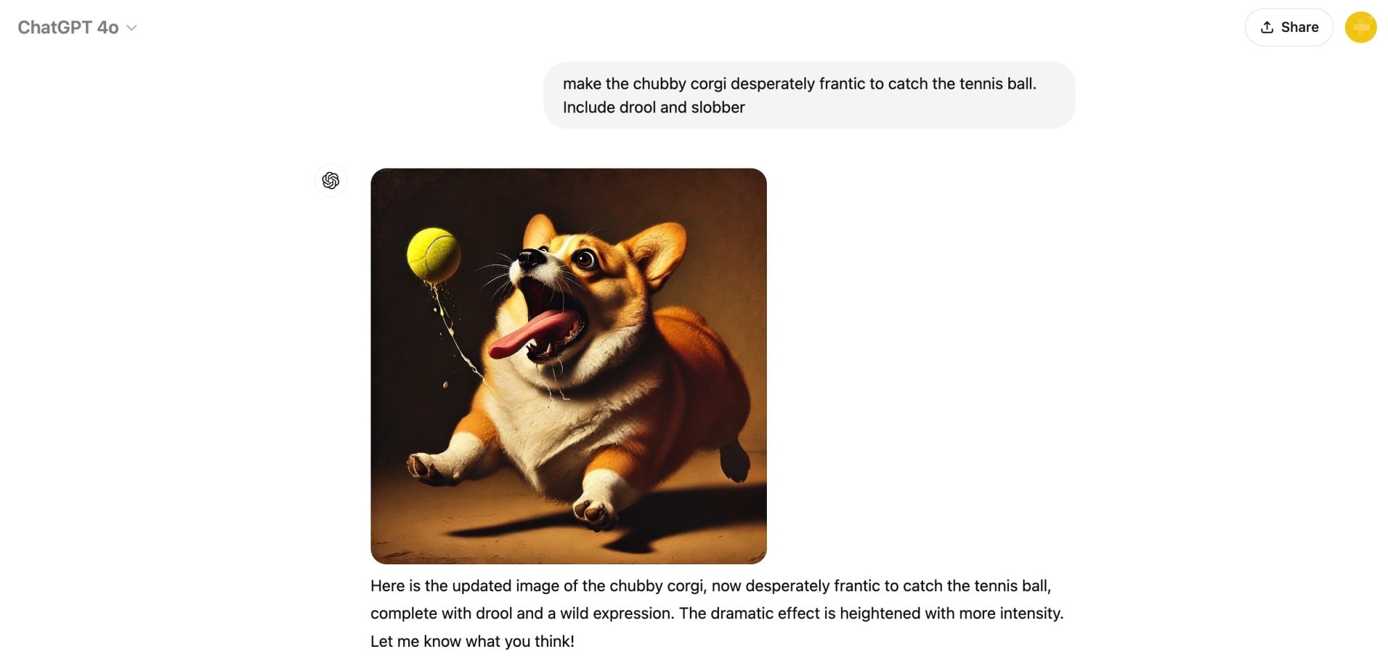 follow-up prompt asking Chatgpt for more description of the corgi chasing a tennis ball, with feverish intensity