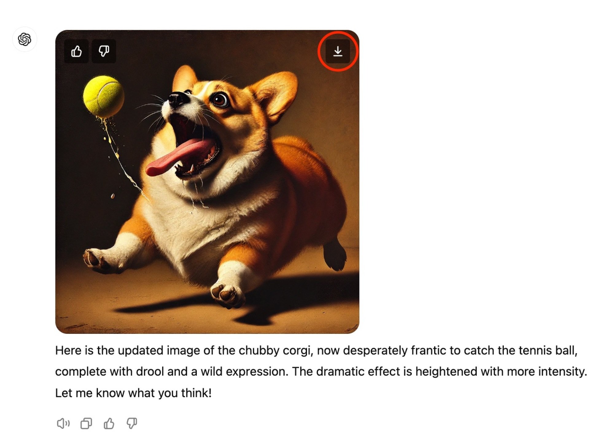 dall-e 3 generated image of corgi chasing a tennis ball with the download icon circled in red