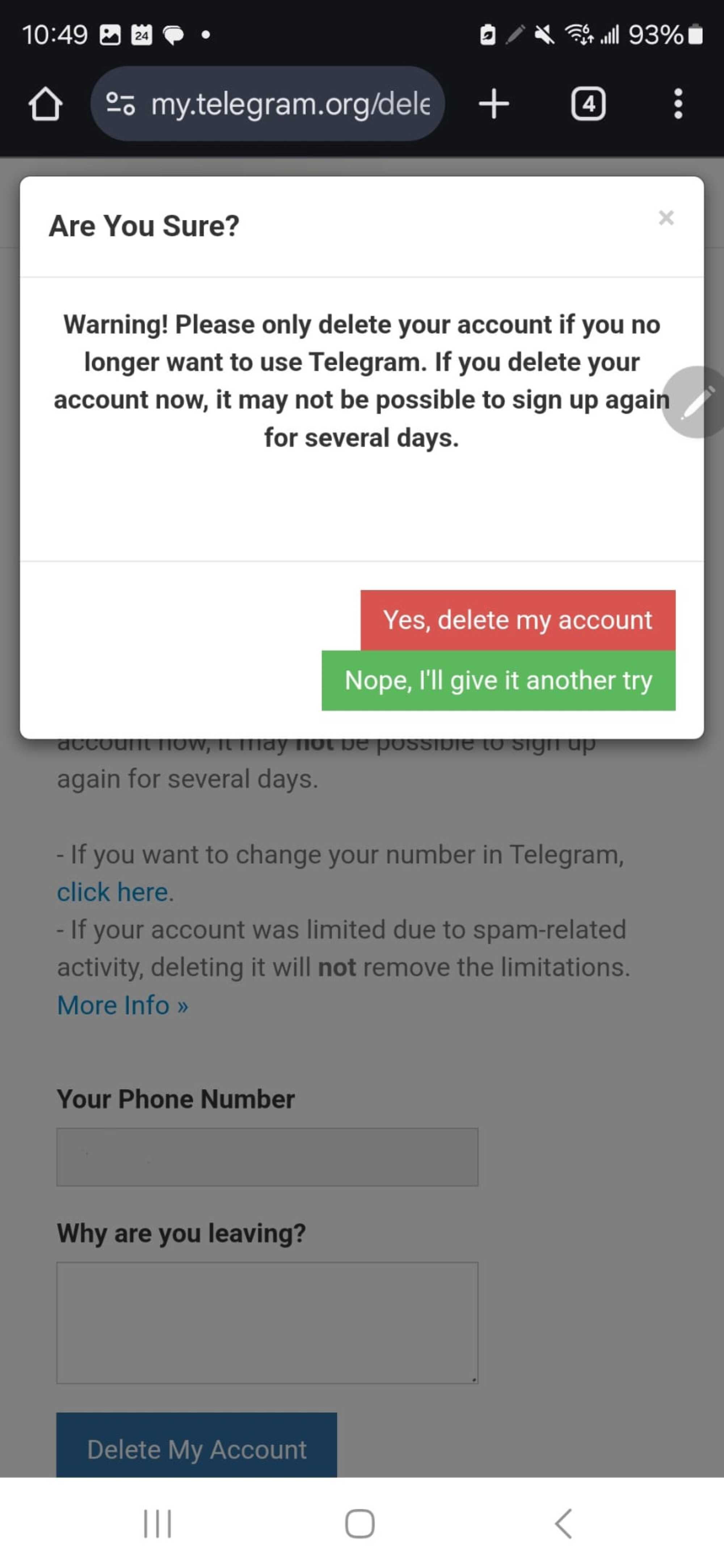 Fifth step on deleting Telegram account.