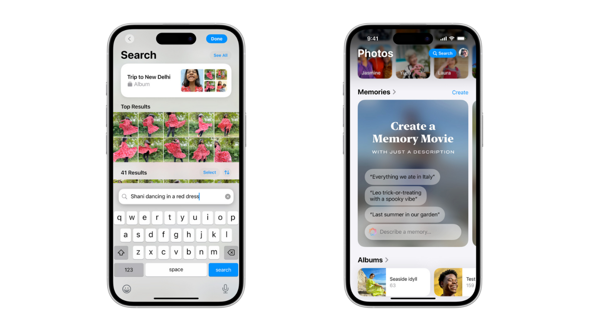 Two iPhones side by side, showing Apple Intelligence's natural language search and Memory movie creation in the Photos app.