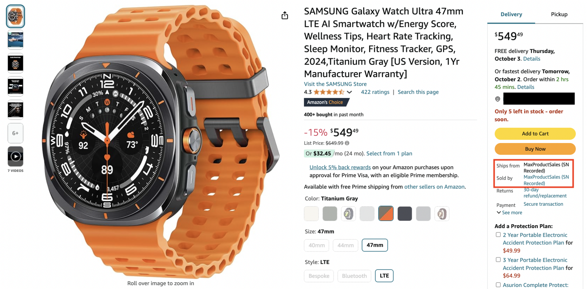 a screenshot of a samsung smatwatch listing on amazon