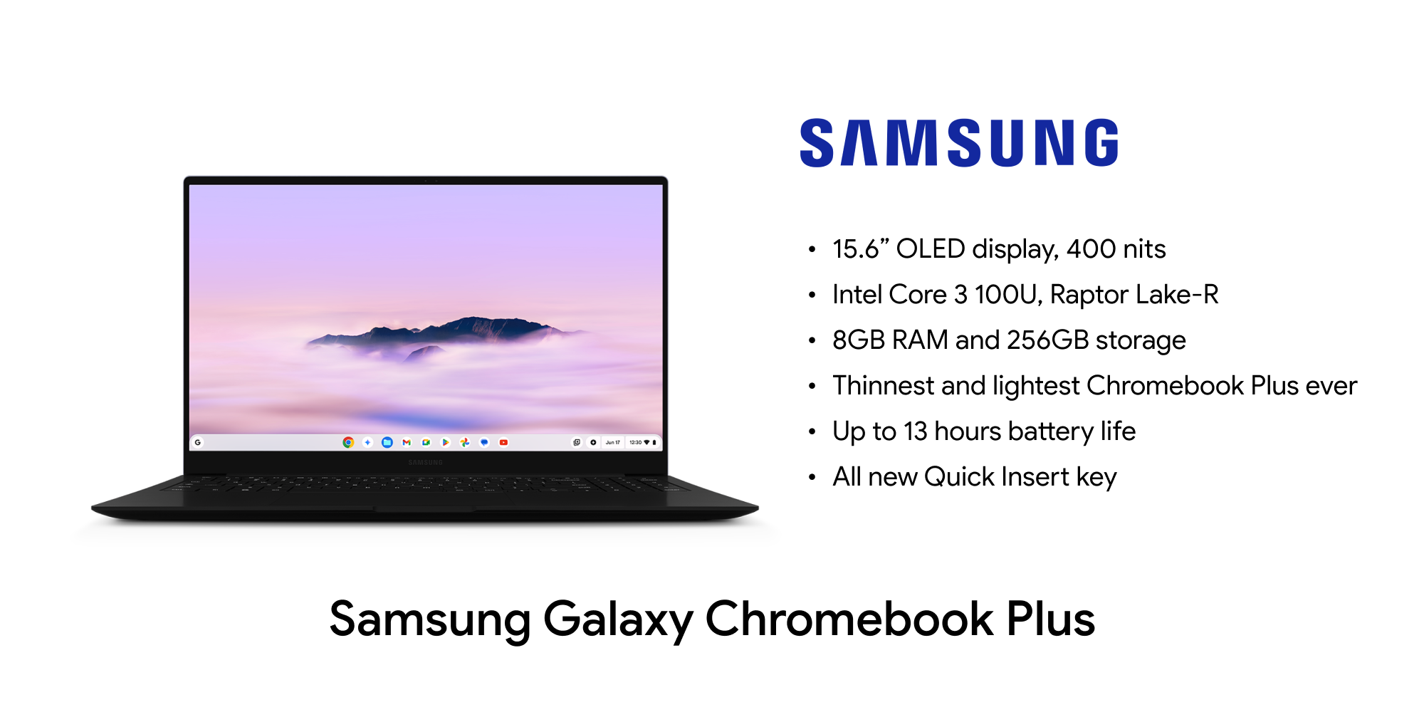 A graphic showing the Samsung Galaxy Chromebook Plus specs.