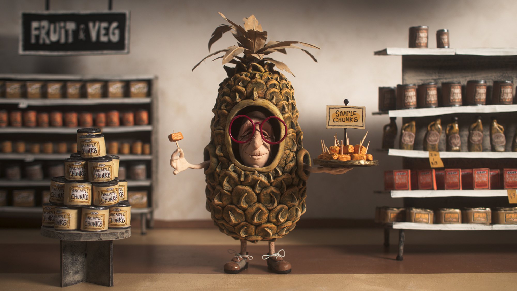 In the stop-motion film "Memoir of a Snail," a character in a pineapple suit serves samples in a supermarket.