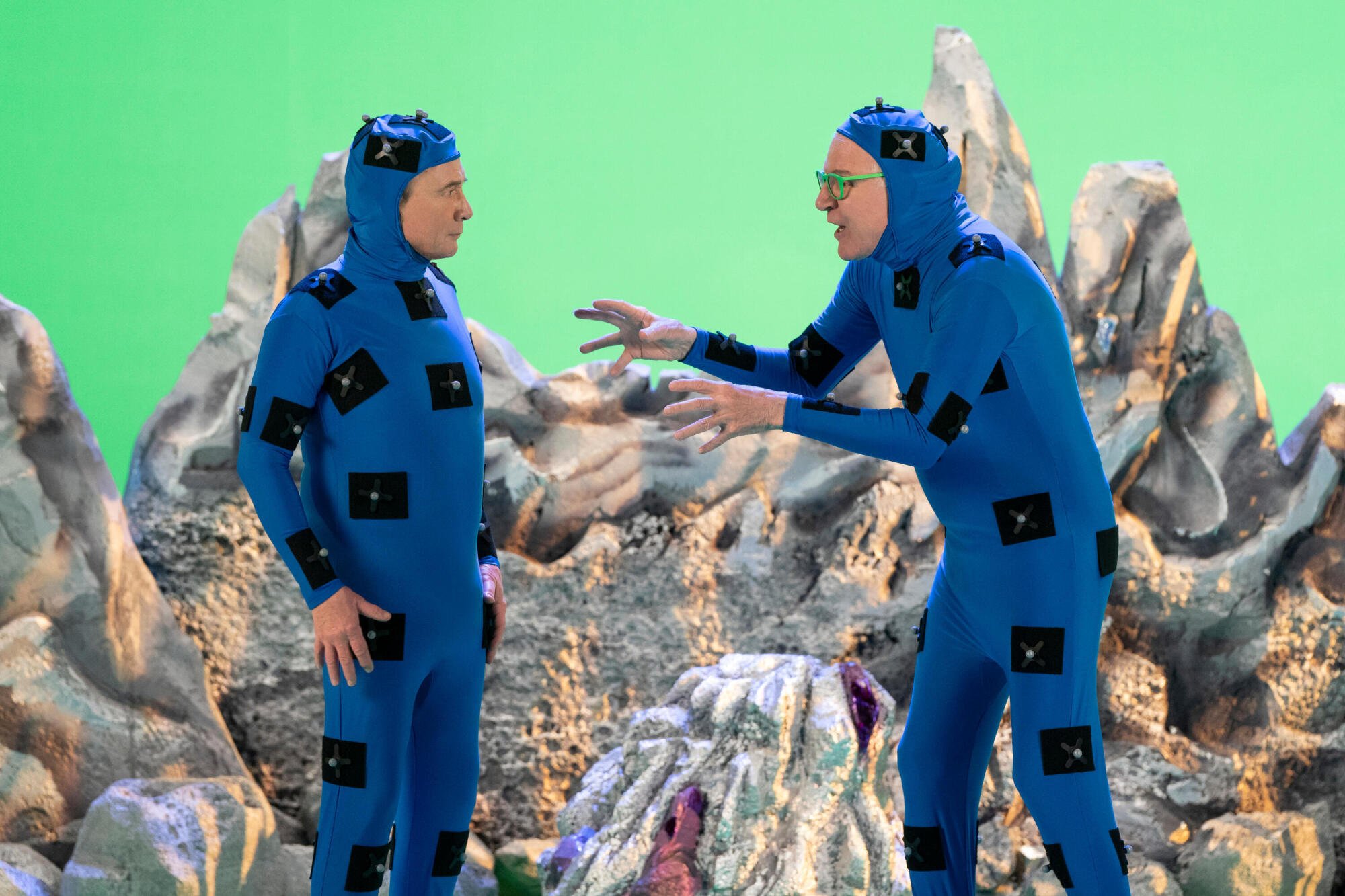 In front of a green screen, Martin Short and Steve Martin wear mo-cap suits in "Only Murders in the Building."