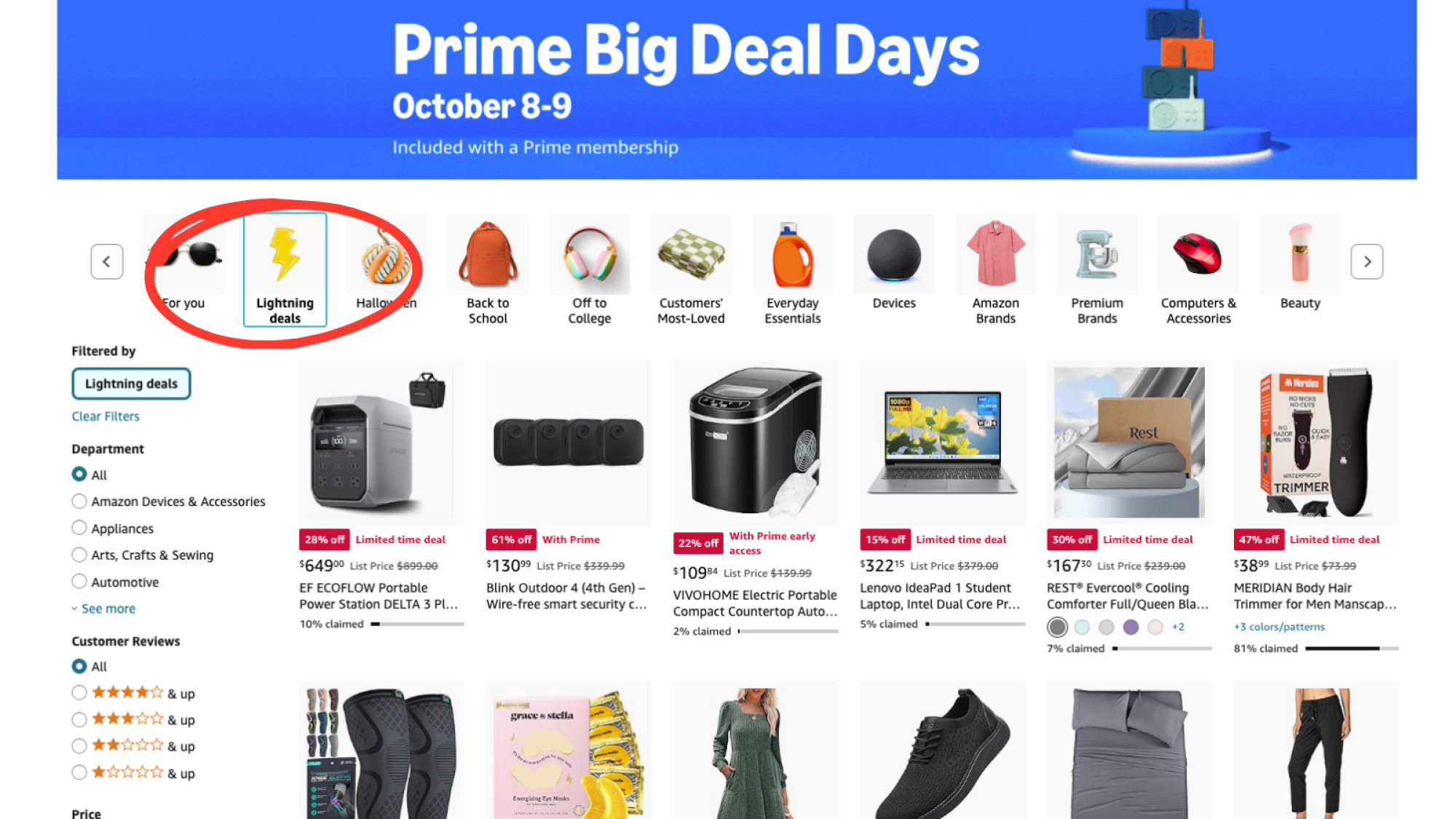 Amazon lightning deals product page with red circle around lightning deals category