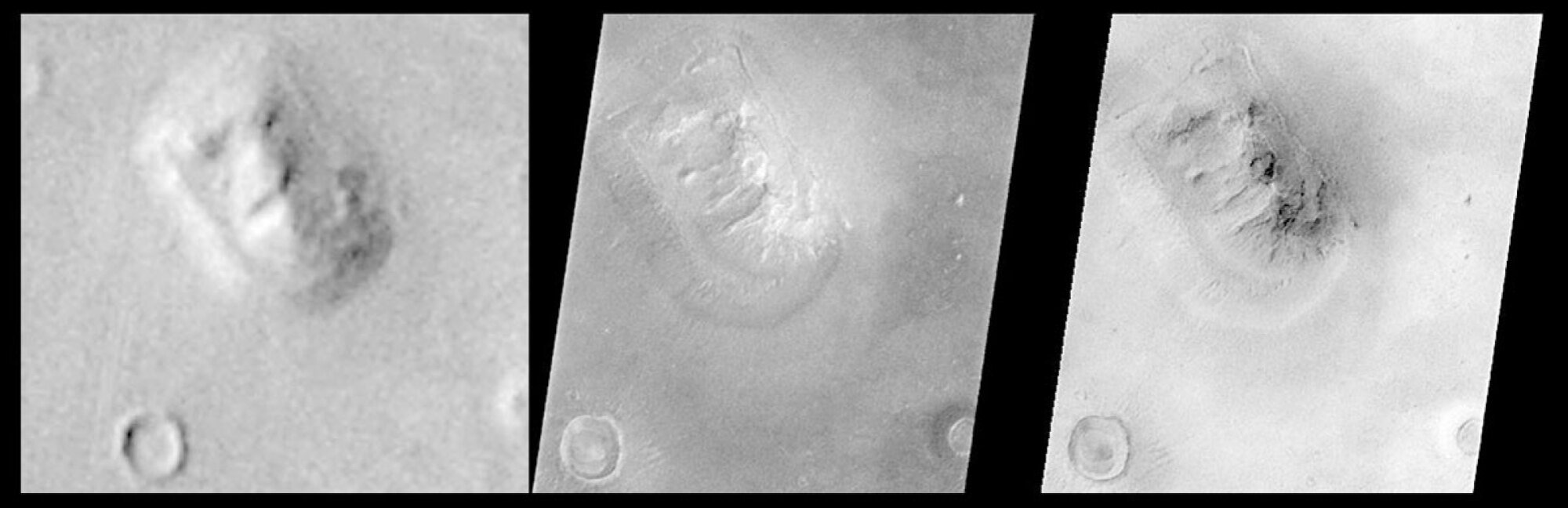 On far left is an image taken by NASA's Viking spacecraft in 1976. The images at center and right were snapped by the Mars Global Surveyor in 1998.